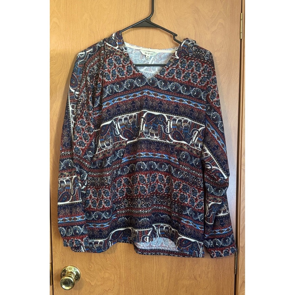 Yak & Yeti Womens Boho Elephant Print Hooded Top Navy Red V-Neck Medium